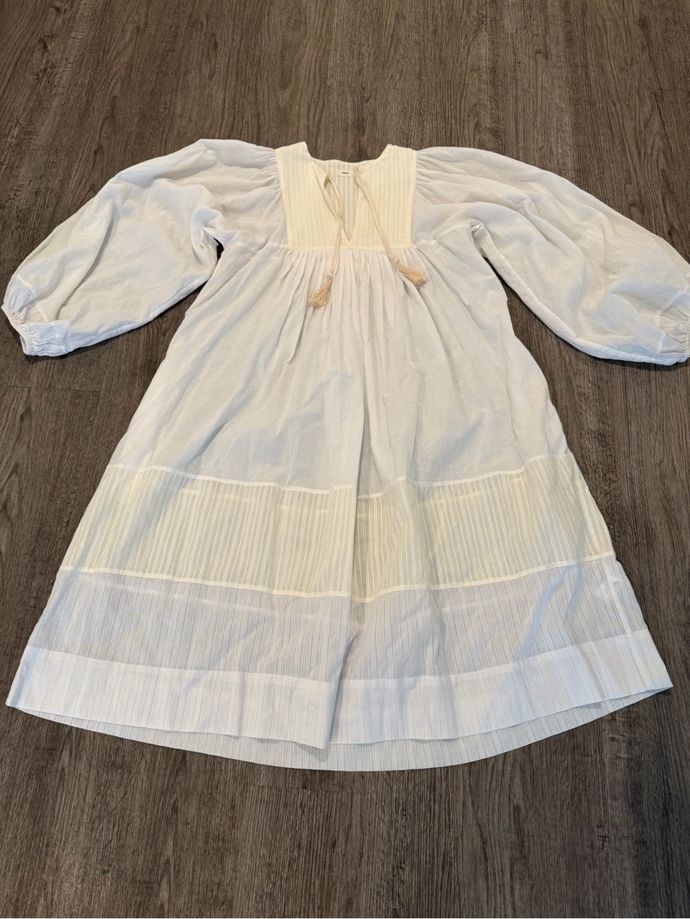 WARM White Boho Cotton Midi Dress Balloon Sleeves Pintuck Tassel Size 0
